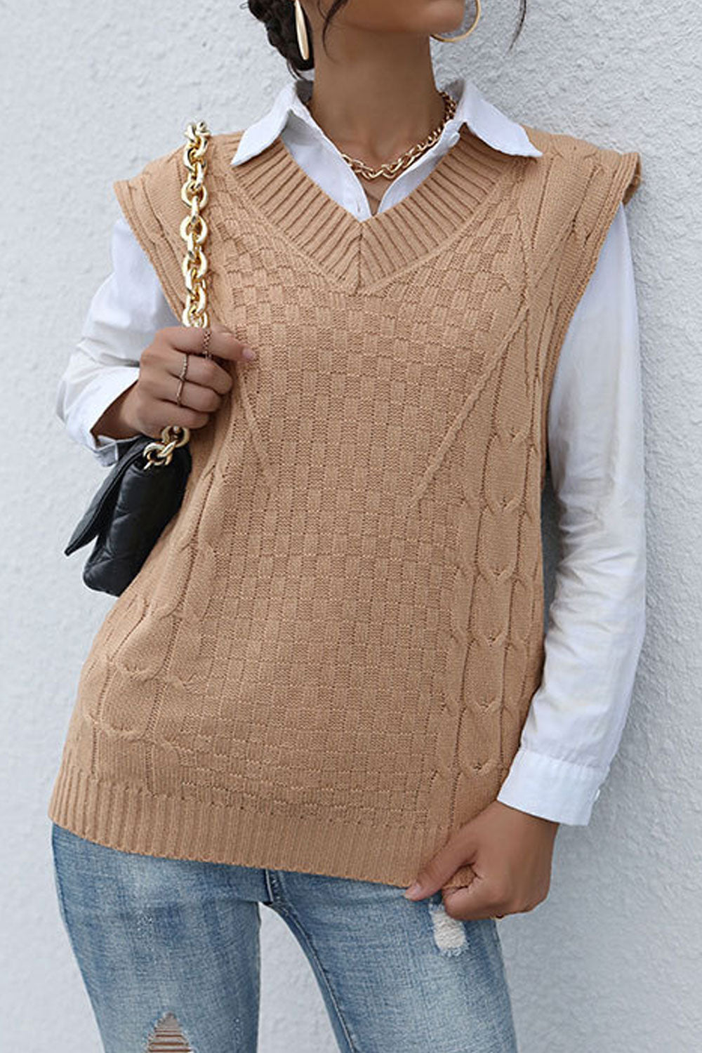 Women Sleeveless Restful V-Neck Splendid Solid Colored Windbreaker Casual Sweater