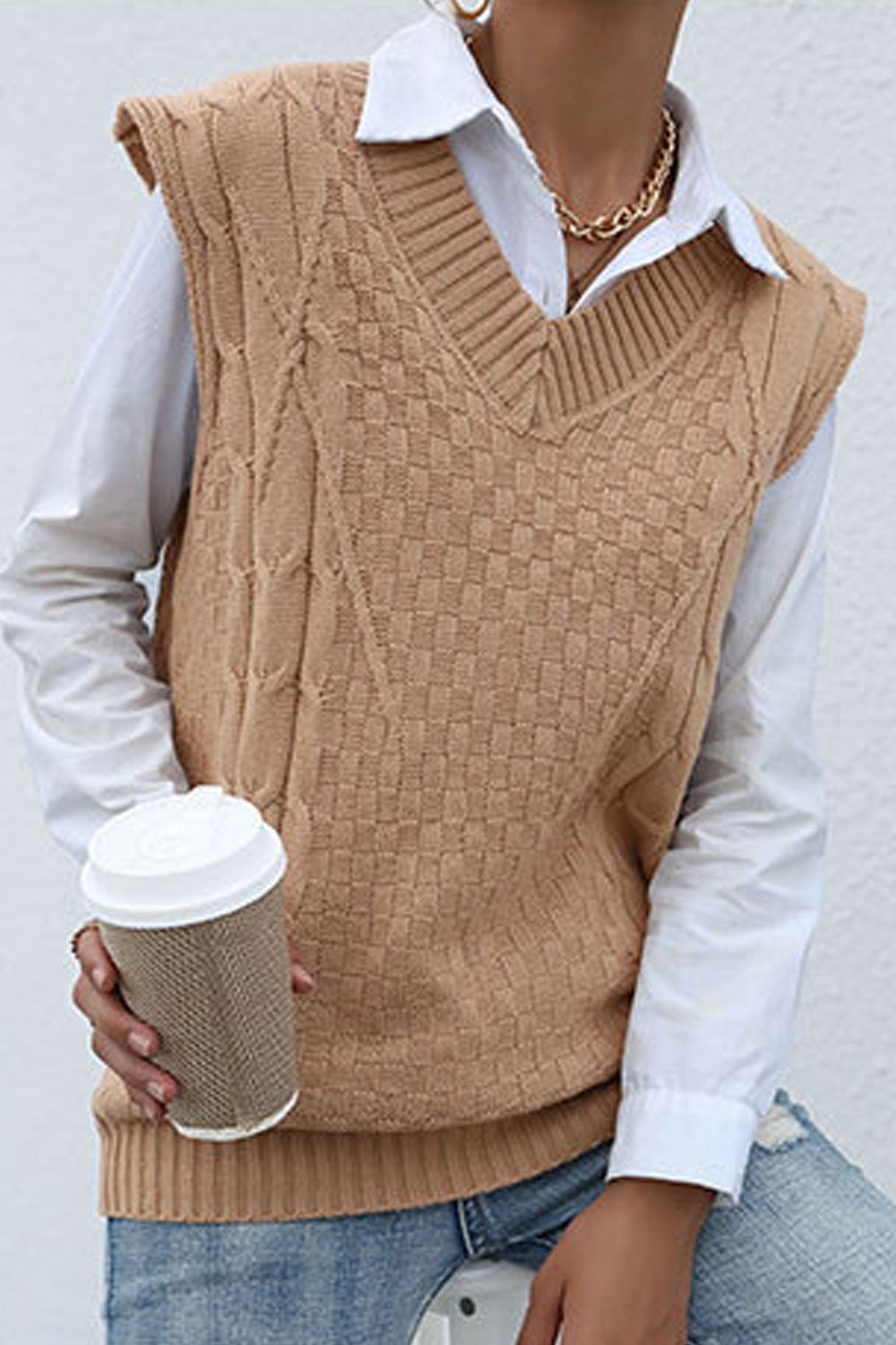 Women Sleeveless Restful V-Neck Splendid Solid Colored Windbreaker Casual Sweater