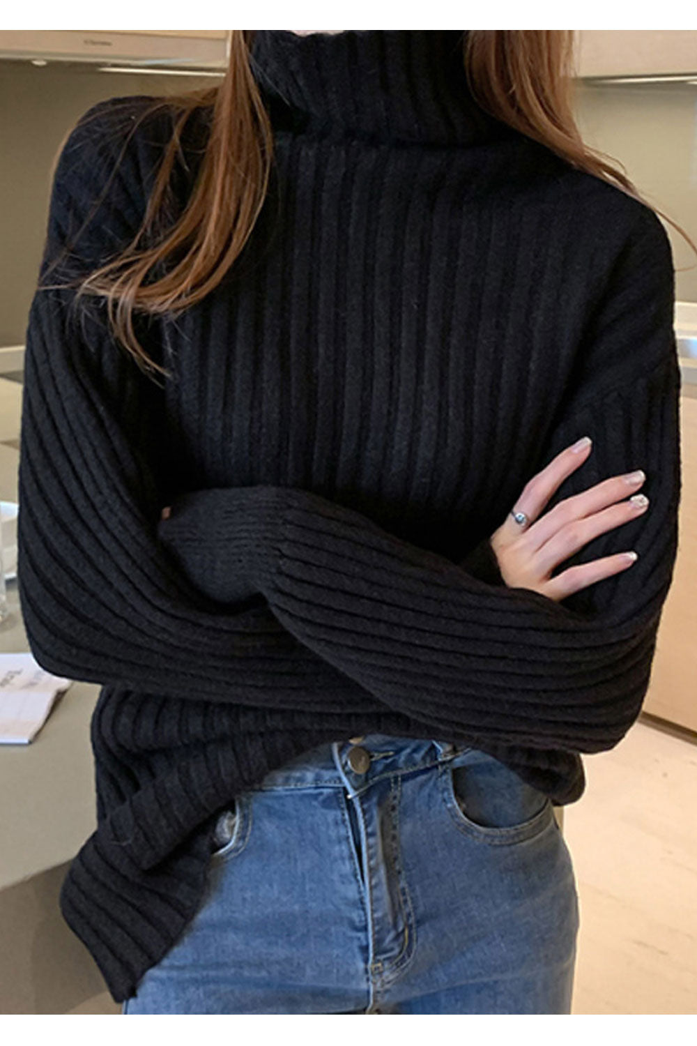 Women Warm Long Sleeve Elegent Solid Colored Thick High Neck Pullover Weekend Sweater