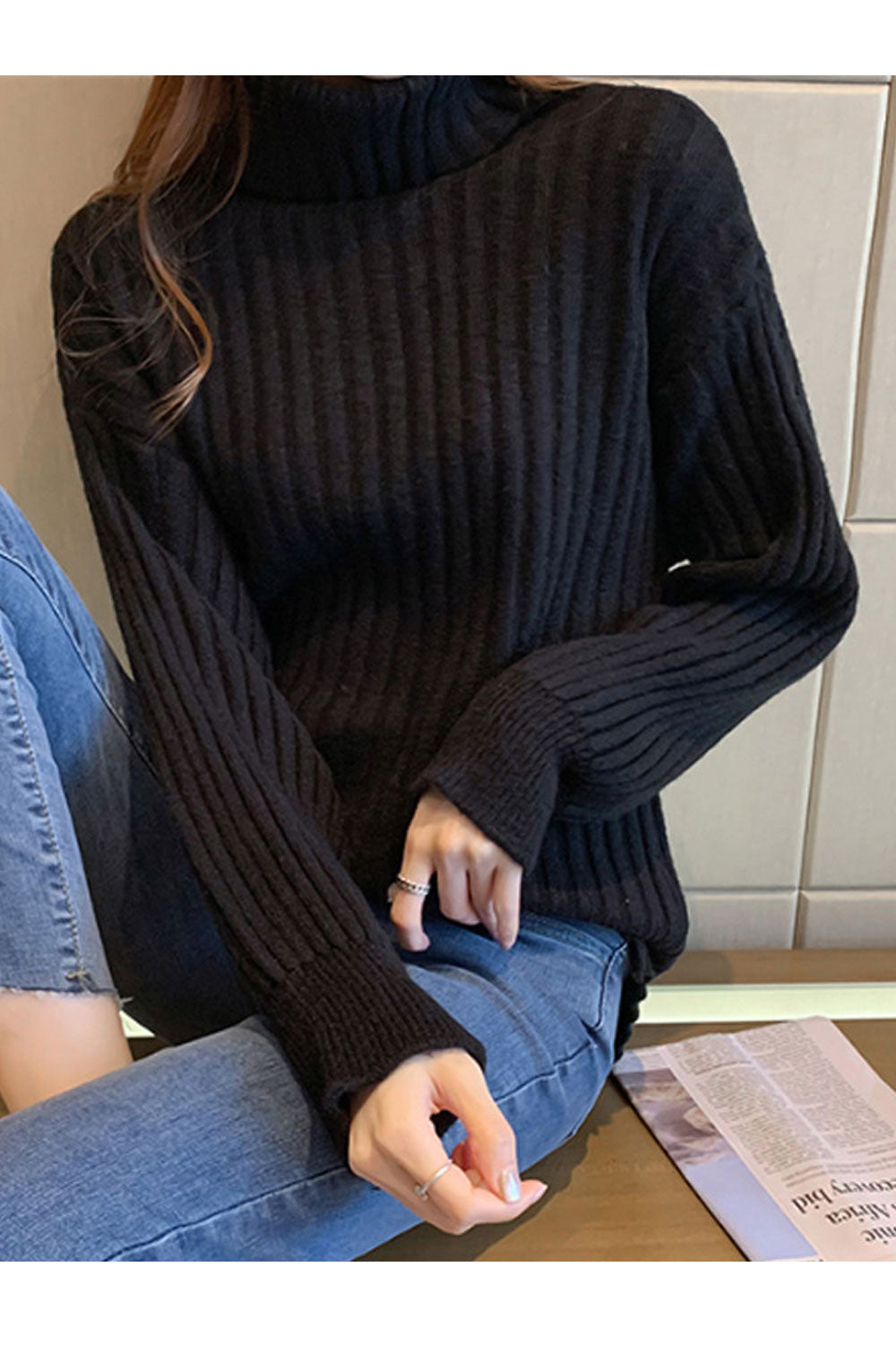 Women Warm Long Sleeve Elegent Solid Colored Thick High Neck Pullover Weekend Sweater
