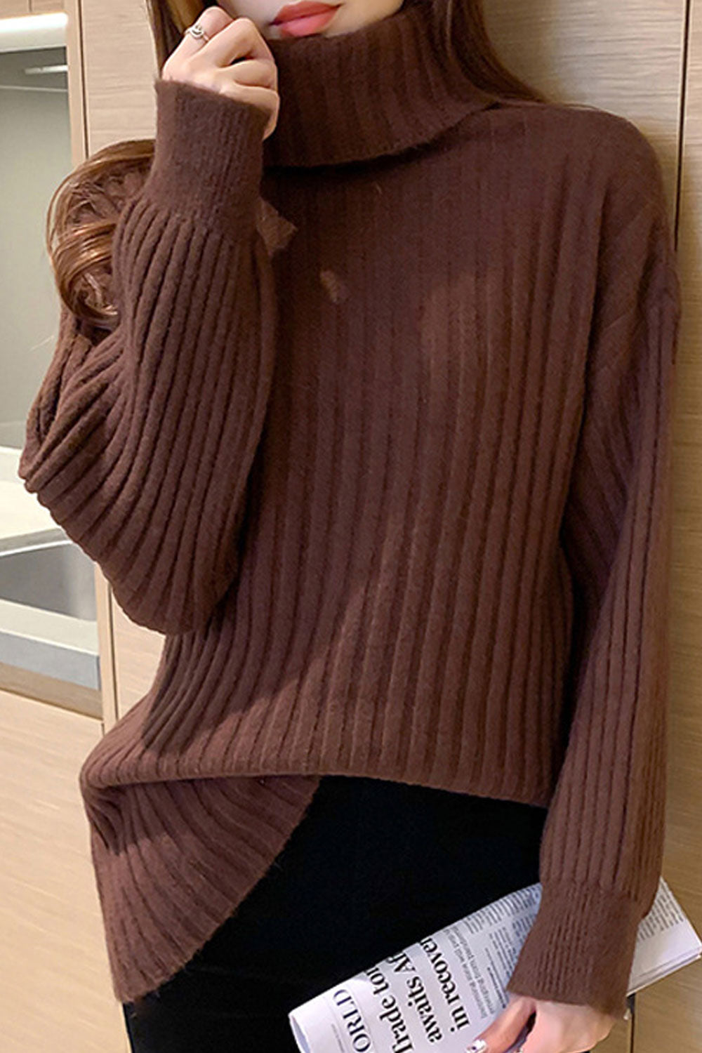 Women Warm Long Sleeve Elegent Solid Colored Thick High Neck Pullover Weekend Sweater