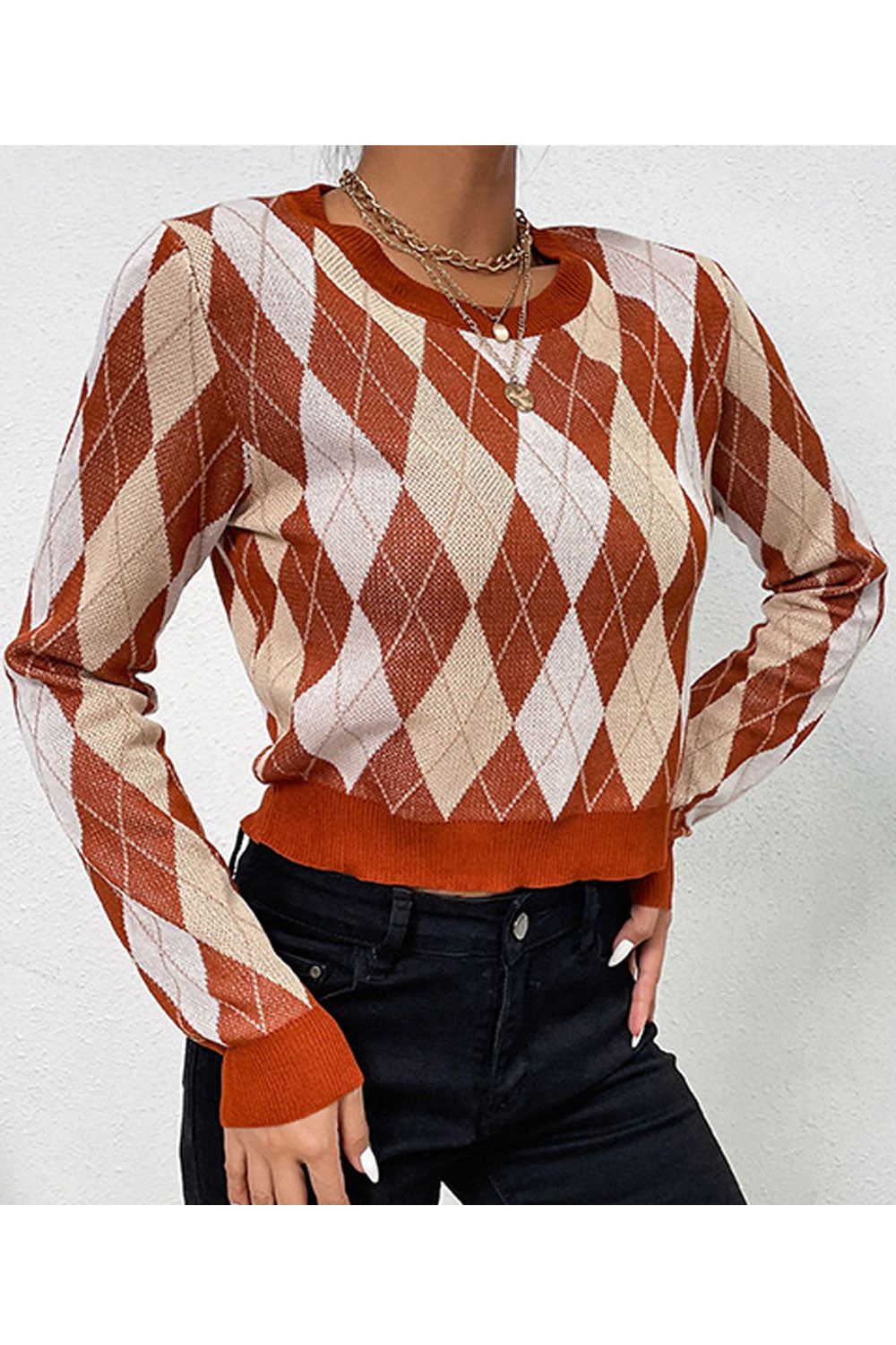 Women Superb Plaid Pattern Easy Round Neck Short Fashion Winter Warm Pullover Sweater