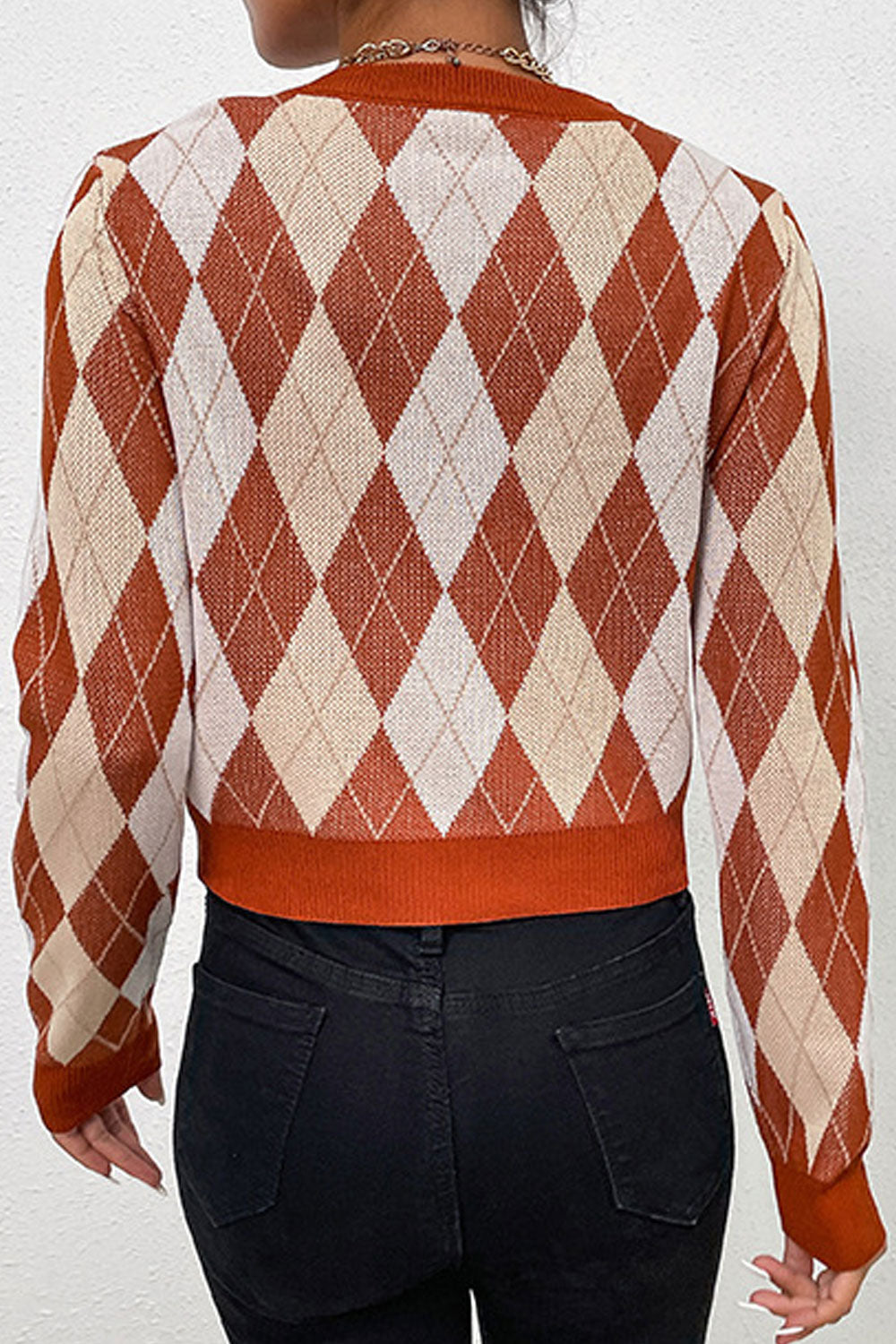 Women Superb Plaid Pattern Easy Round Neck Short Fashion Winter Warm Pullover Sweater