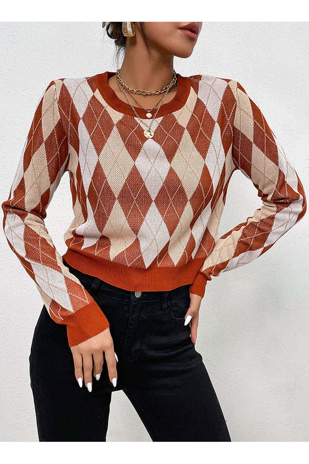 Women Superb Plaid Pattern Easy Round Neck Short Fashion Winter Warm Pullover Sweater