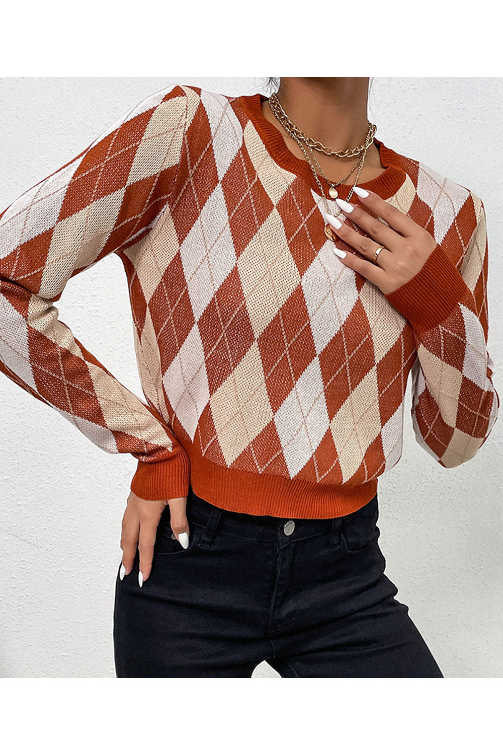 Women Superb Plaid Pattern Easy Round Neck Short Fashion Winter Warm Pullover Sweater