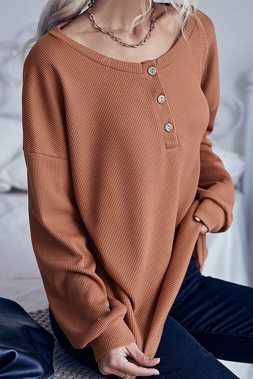 Women Thick & Stretchable Long Sleeve Restful Boat Neck Delightful Solid Colored Button Fashion Sweater