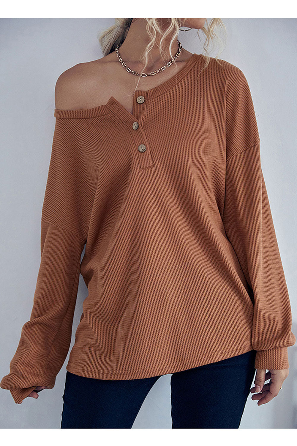 Women Thick & Stretchable Long Sleeve Restful Boat Neck Delightful Solid Colored Button Fashion Sweater