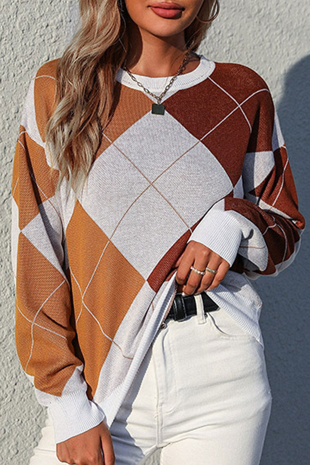 Women Elegent Diamond Pattern Thick Long Sleeve Superb Round Neck Winter Pullover Sweater