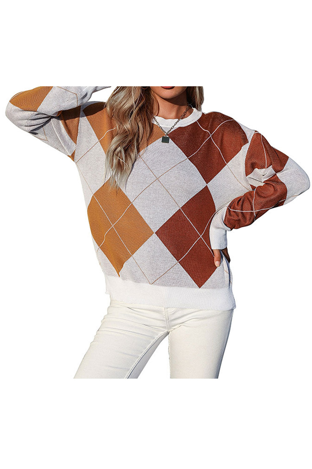 Women Elegent Diamond Pattern Thick Long Sleeve Superb Round Neck Winter Pullover Sweater