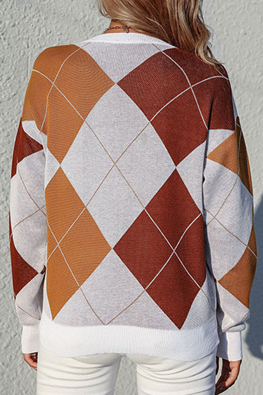 Women Elegent Diamond Pattern Thick Long Sleeve Superb Round Neck Winter Pullover Sweater