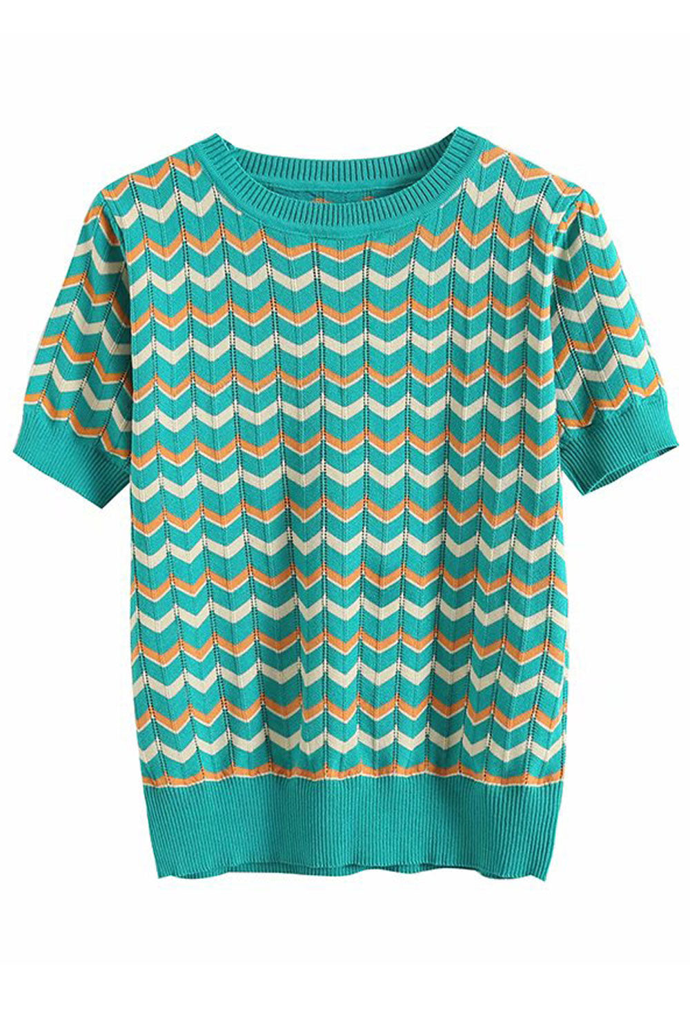 Women Delightful Striped Pattern Restful Short Sleeve Round Neck Pullover Warm Sweater