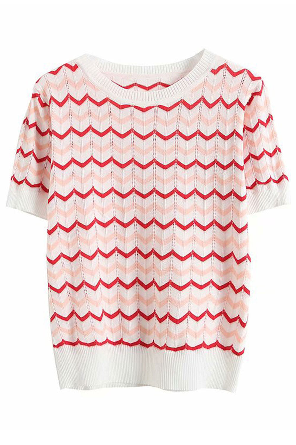 Women Delightful Striped Pattern Restful Short Sleeve Round Neck Pullover Warm Sweater