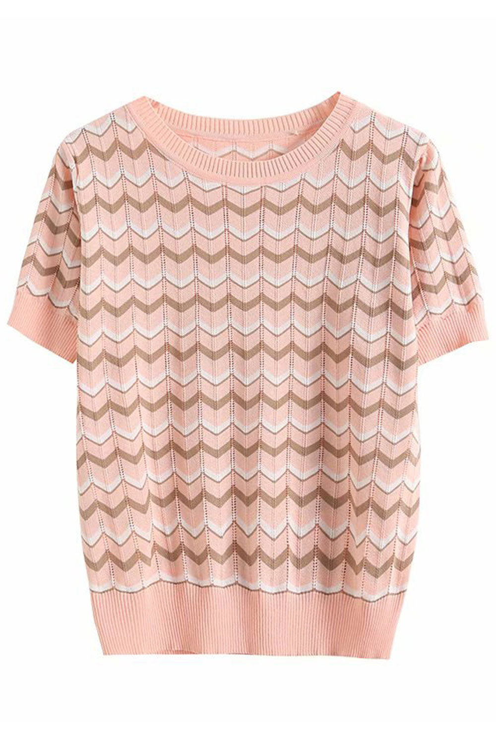 Women Delightful Striped Pattern Restful Short Sleeve Round Neck Pullover Warm Sweater
