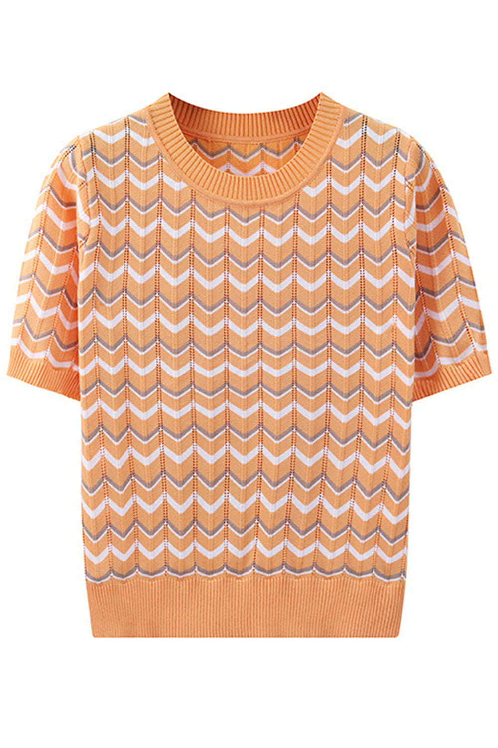 Women Delightful Striped Pattern Restful Short Sleeve Round Neck Pullover Warm Sweater