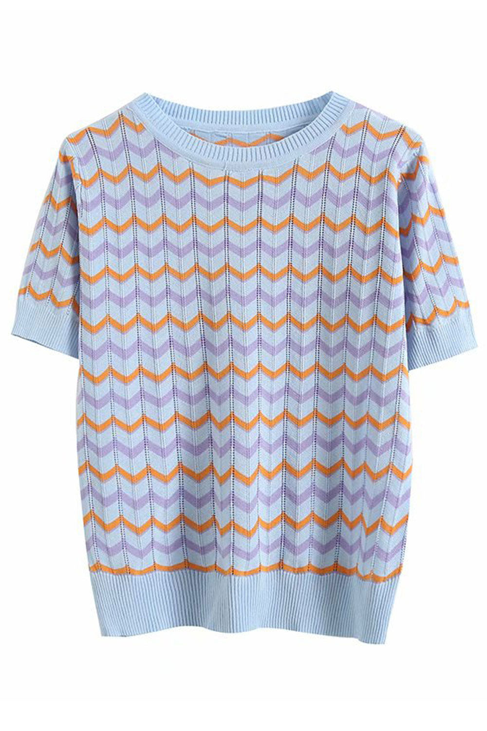 Women Delightful Striped Pattern Restful Short Sleeve Round Neck Pullover Warm Sweater