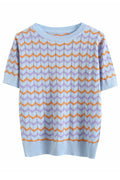 Women Delightful Striped Pattern Restful Short Sleeve Round Neck Pullover Warm Sweater