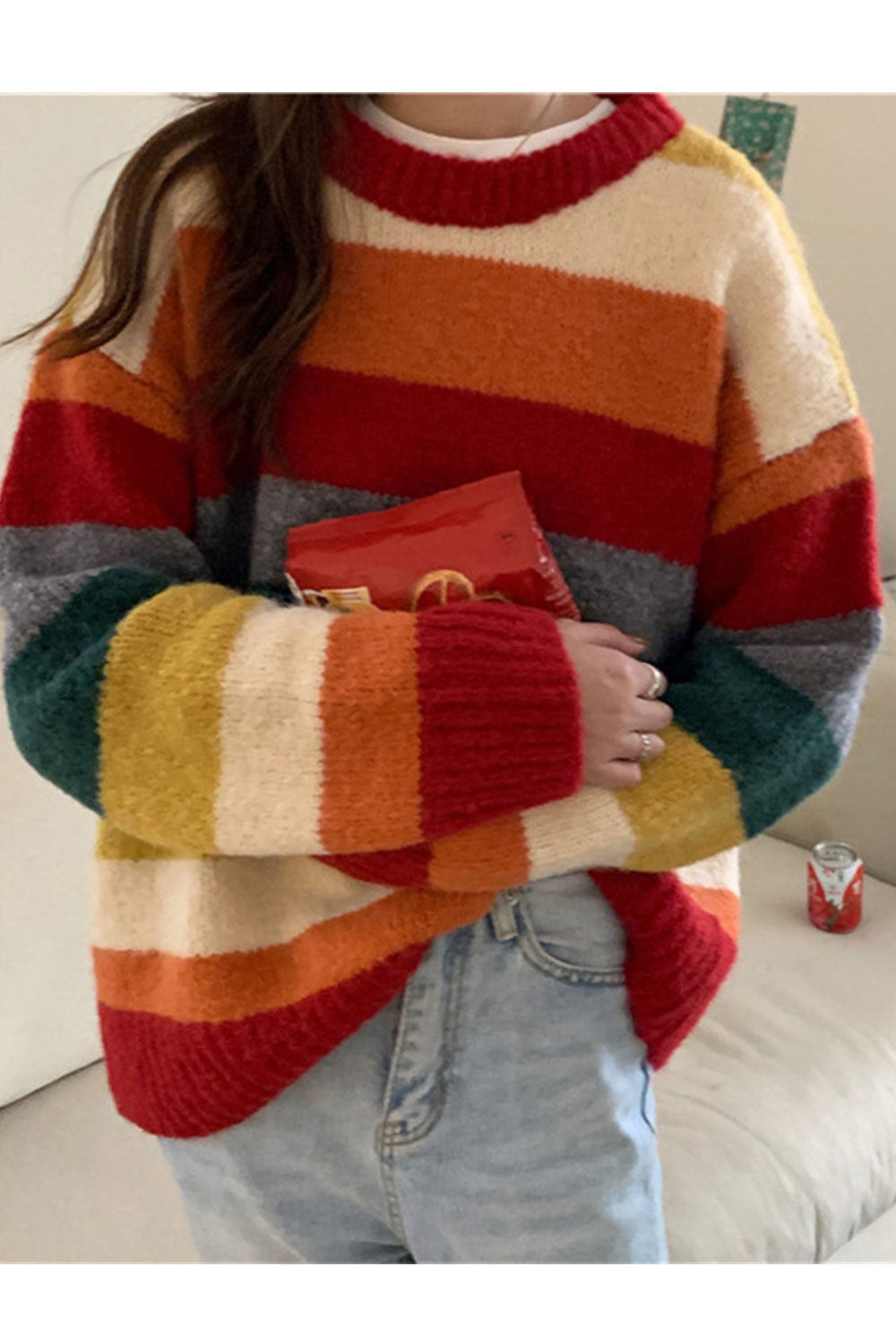 Women Durable & Warm Beautiful Striped Pattern Easy Round Neck Winter Pullover Sweater