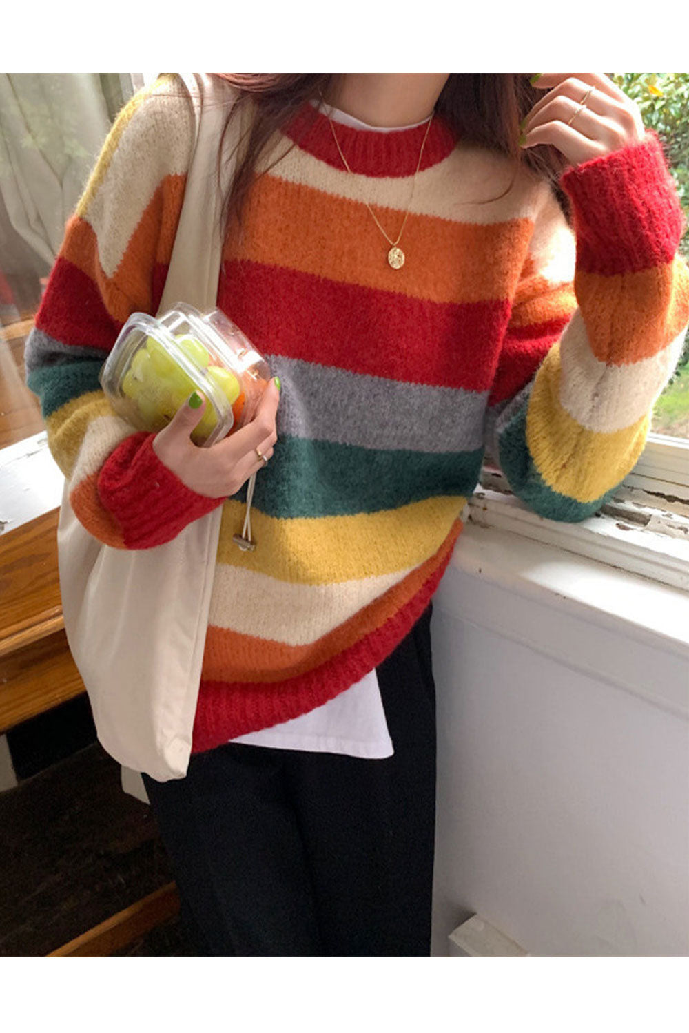 Women Durable & Warm Beautiful Striped Pattern Easy Round Neck Winter Pullover Sweater