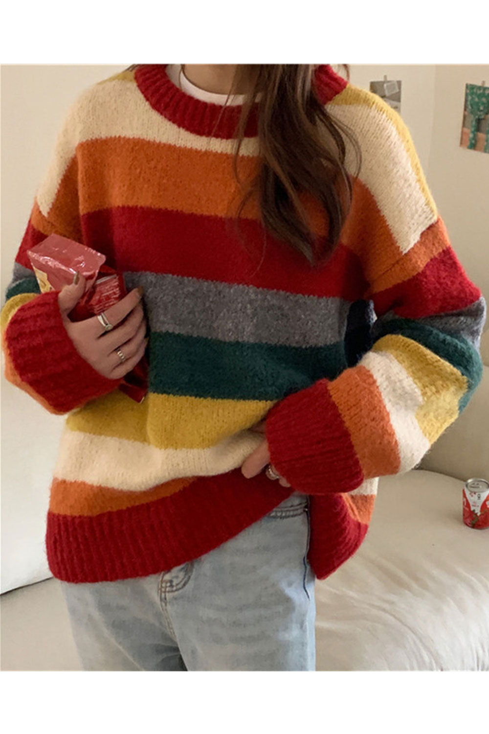 Women Durable & Warm Beautiful Striped Pattern Easy Round Neck Winter Pullover Sweater