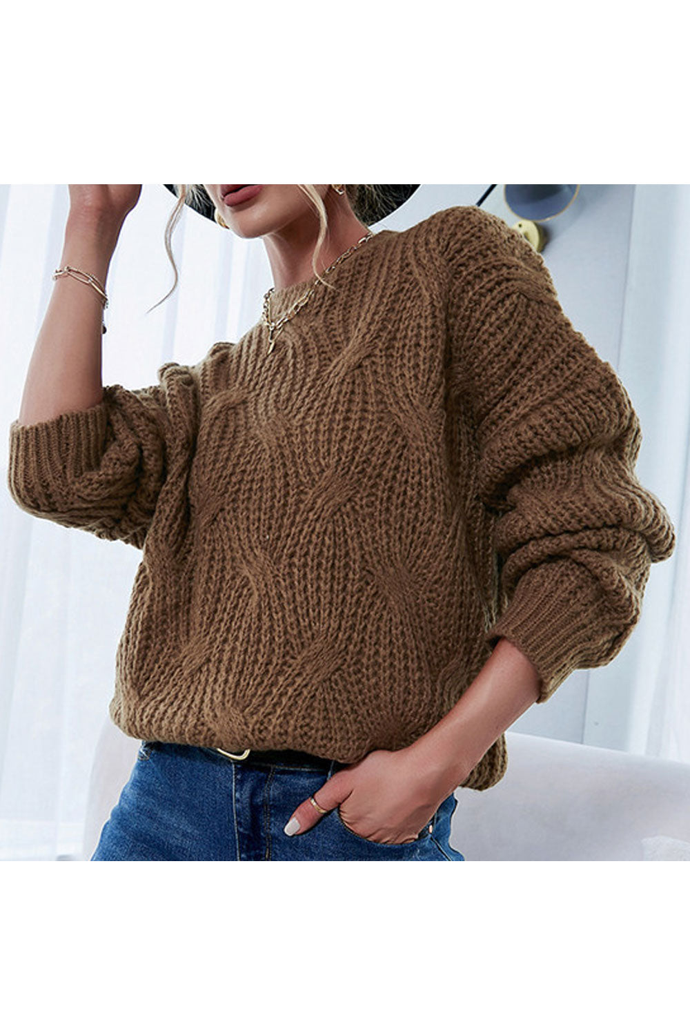 Women Knitted & Restful Long Sleeve Delightful Solid Colored Round Neck Winter Casual Sweater