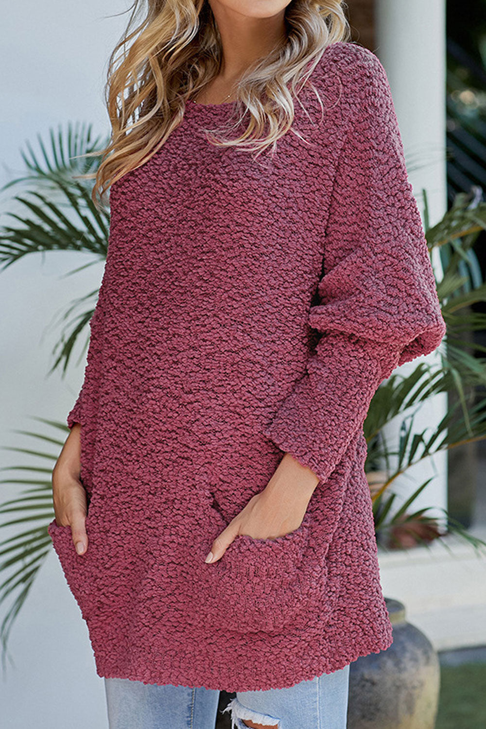 Women Fashionable Solid Colored Knitted Long Sleeve Restful Round Neck Mid-Length Winter Fashion Sweater