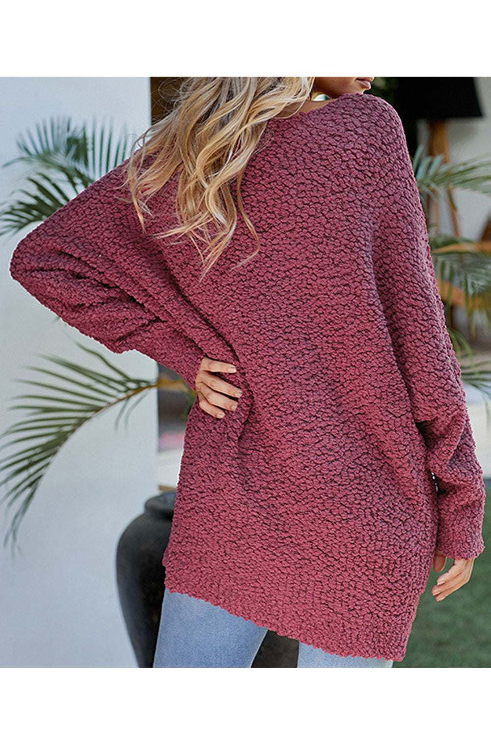 Women Fashionable Solid Colored Knitted Long Sleeve Restful Round Neck Mid-Length Winter Fashion Sweater