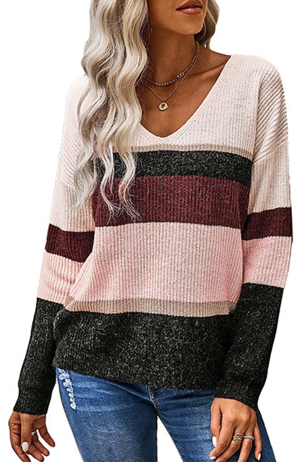 Women Relaxed Fit Warm Long Sleeve V-Neck Superb Striped Pattern Winter Pullover Weekend Sweater