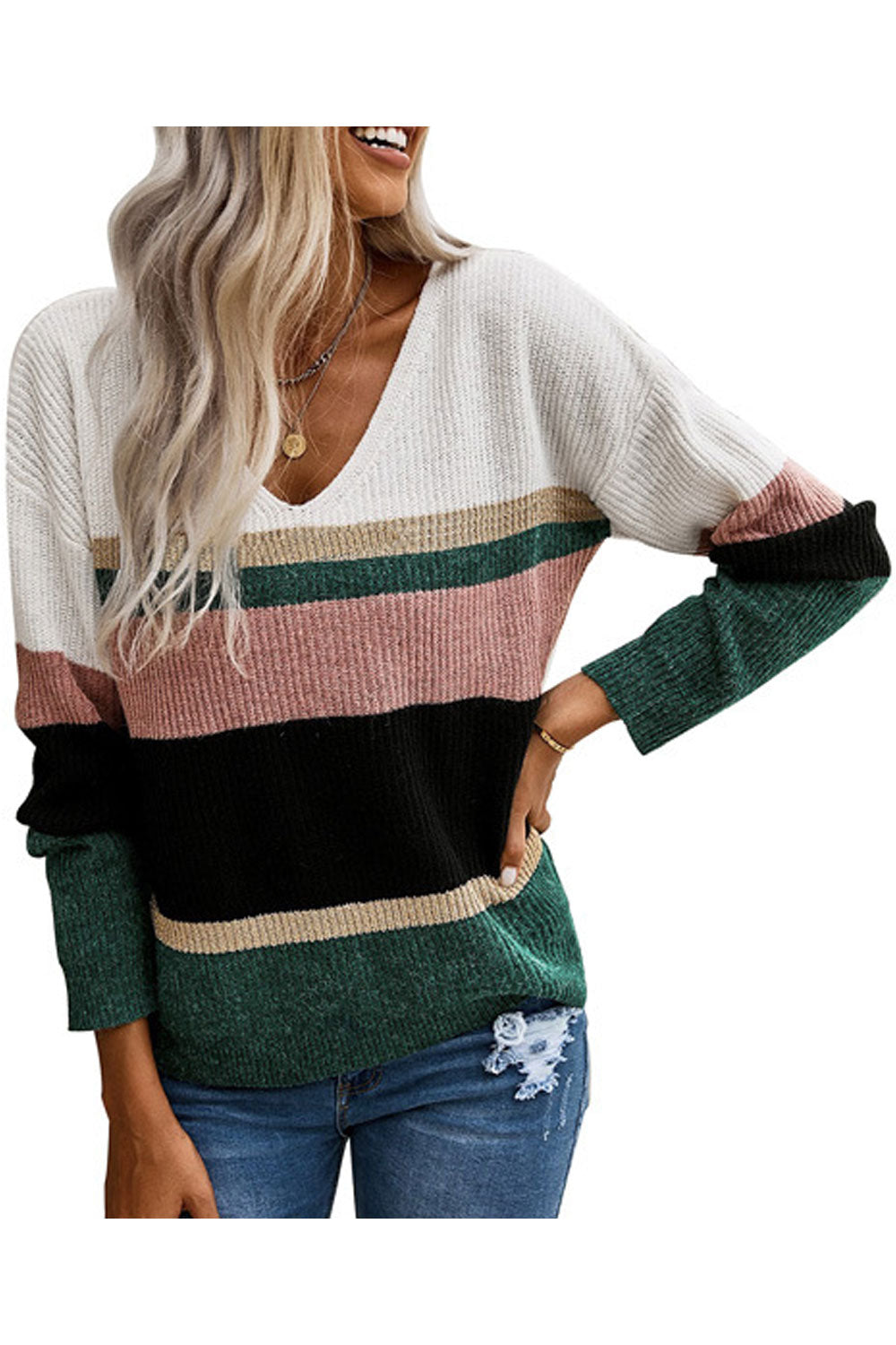 Women Relaxed Fit Warm Long Sleeve V-Neck Superb Striped Pattern Winter Pullover Weekend Sweater