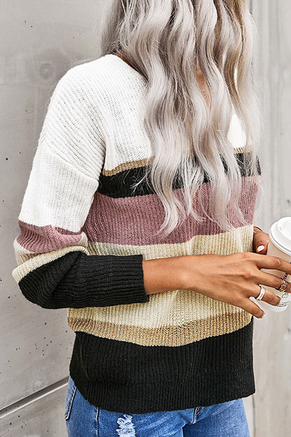 Women Relaxed Fit Warm Long Sleeve V-Neck Superb Striped Pattern Winter Pullover Weekend Sweater