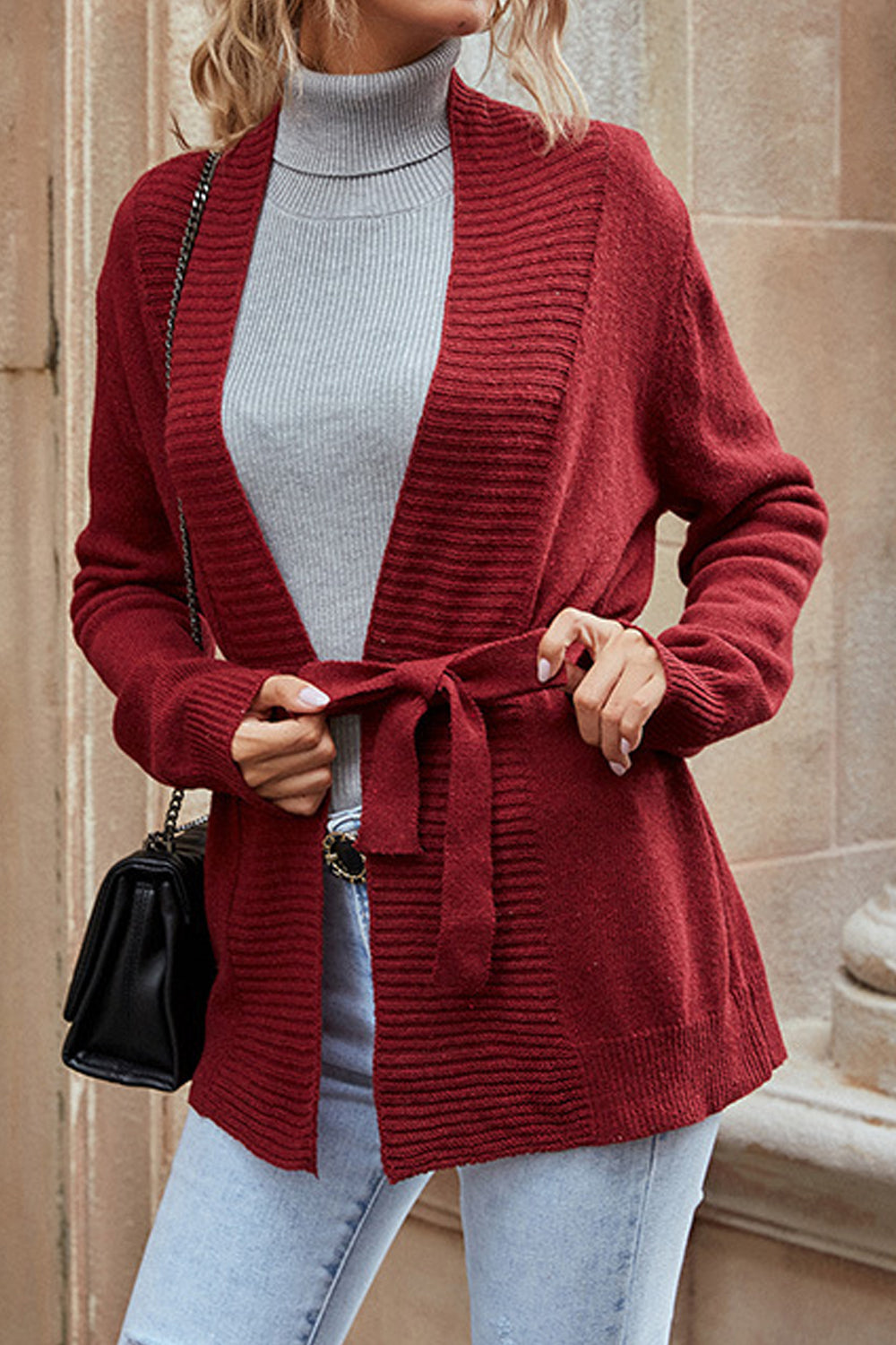 Women Elegent Solid Colored Deep V-Neck Styled Warm Long Sleeve Tie Waist Winter Cardigan