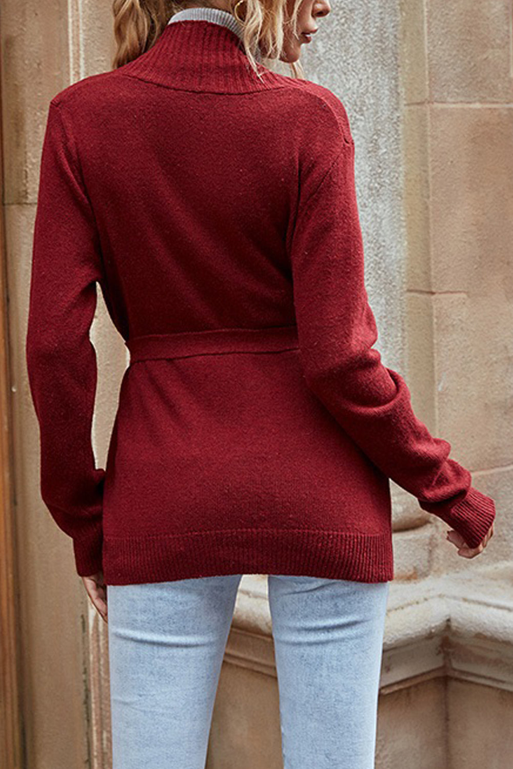 Women Elegent Solid Colored Deep V-Neck Styled Warm Long Sleeve Tie Waist Winter Cardigan
