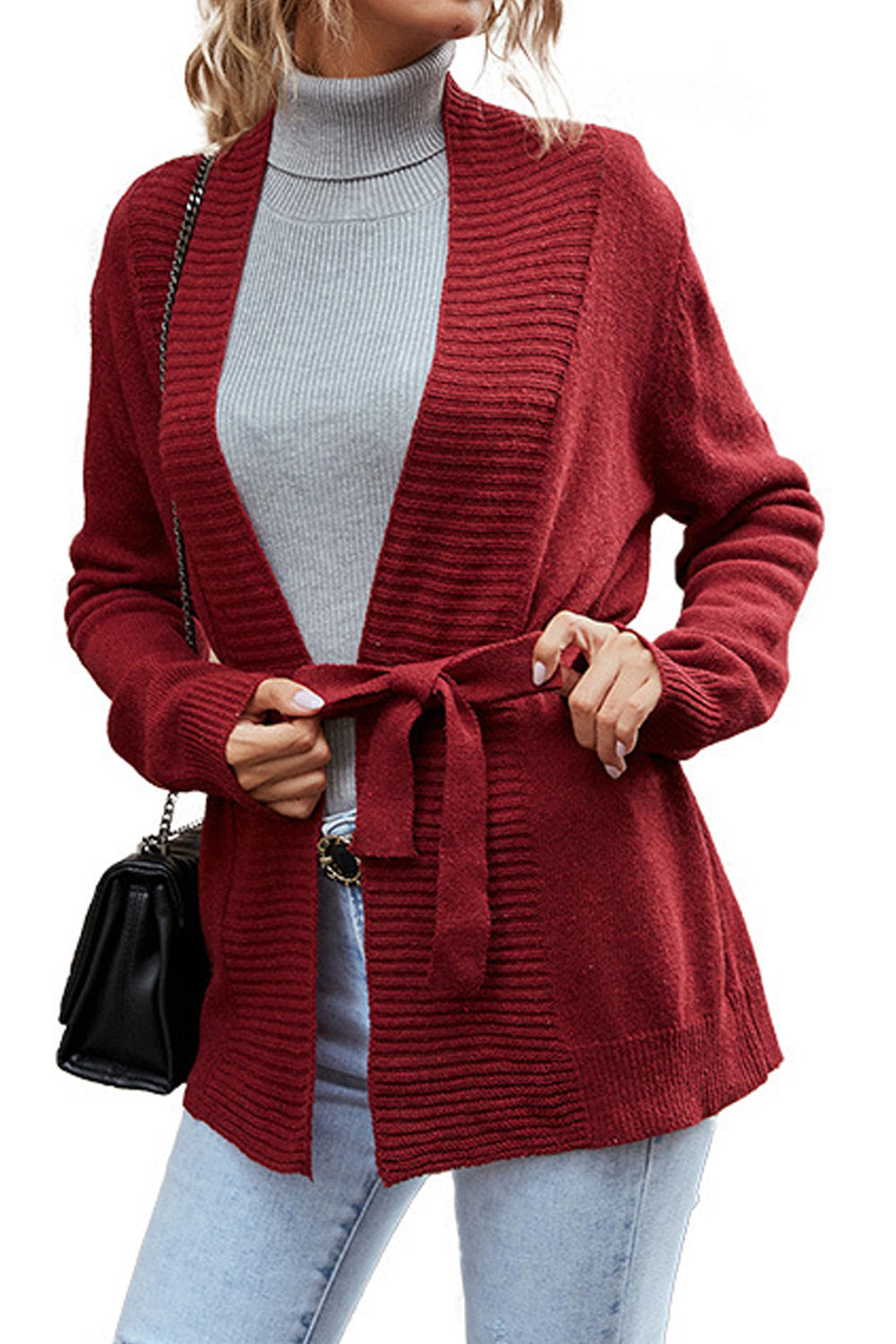 Women Elegent Solid Colored Deep V-Neck Styled Warm Long Sleeve Tie Waist Winter Cardigan