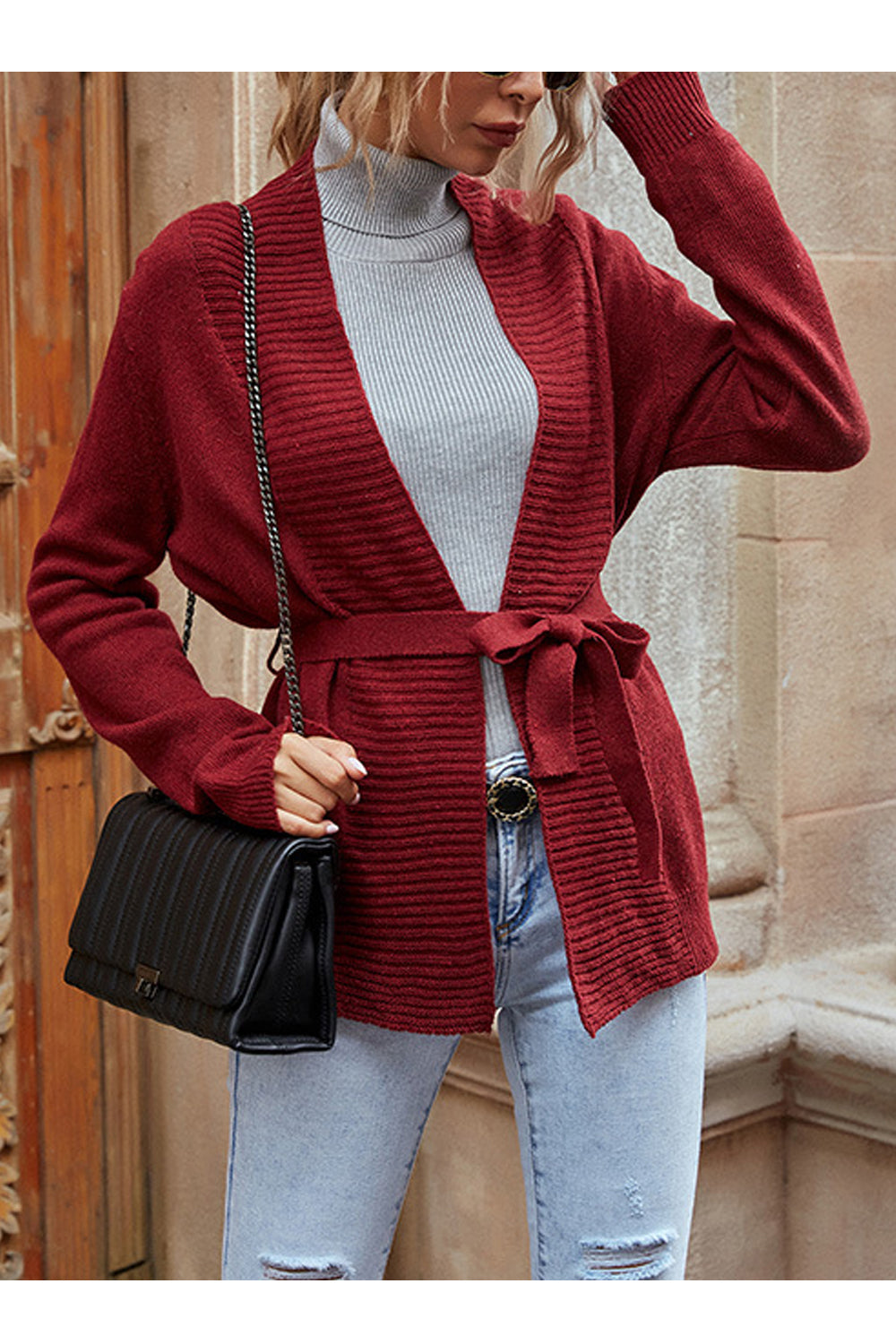 Women Elegent Solid Colored Deep V-Neck Styled Warm Long Sleeve Tie Waist Winter Cardigan