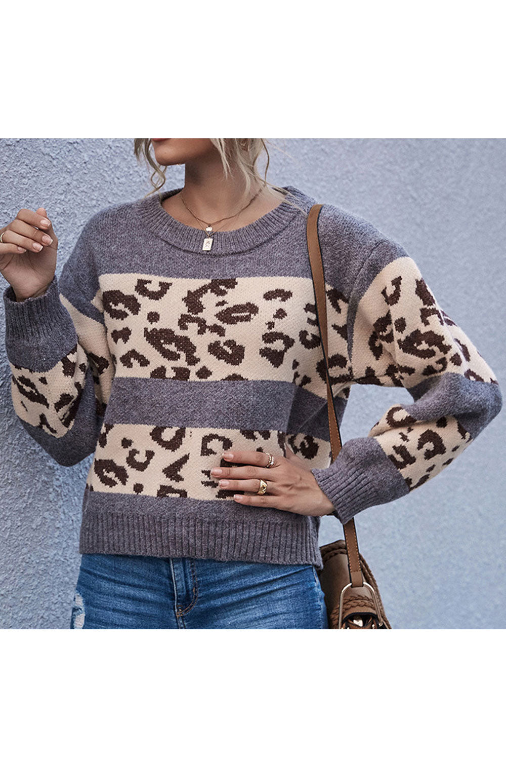 Women Alluring Leopard Pattern Easy Round Neck Warm Long Sleeve Winter Fashion Casual Sweater