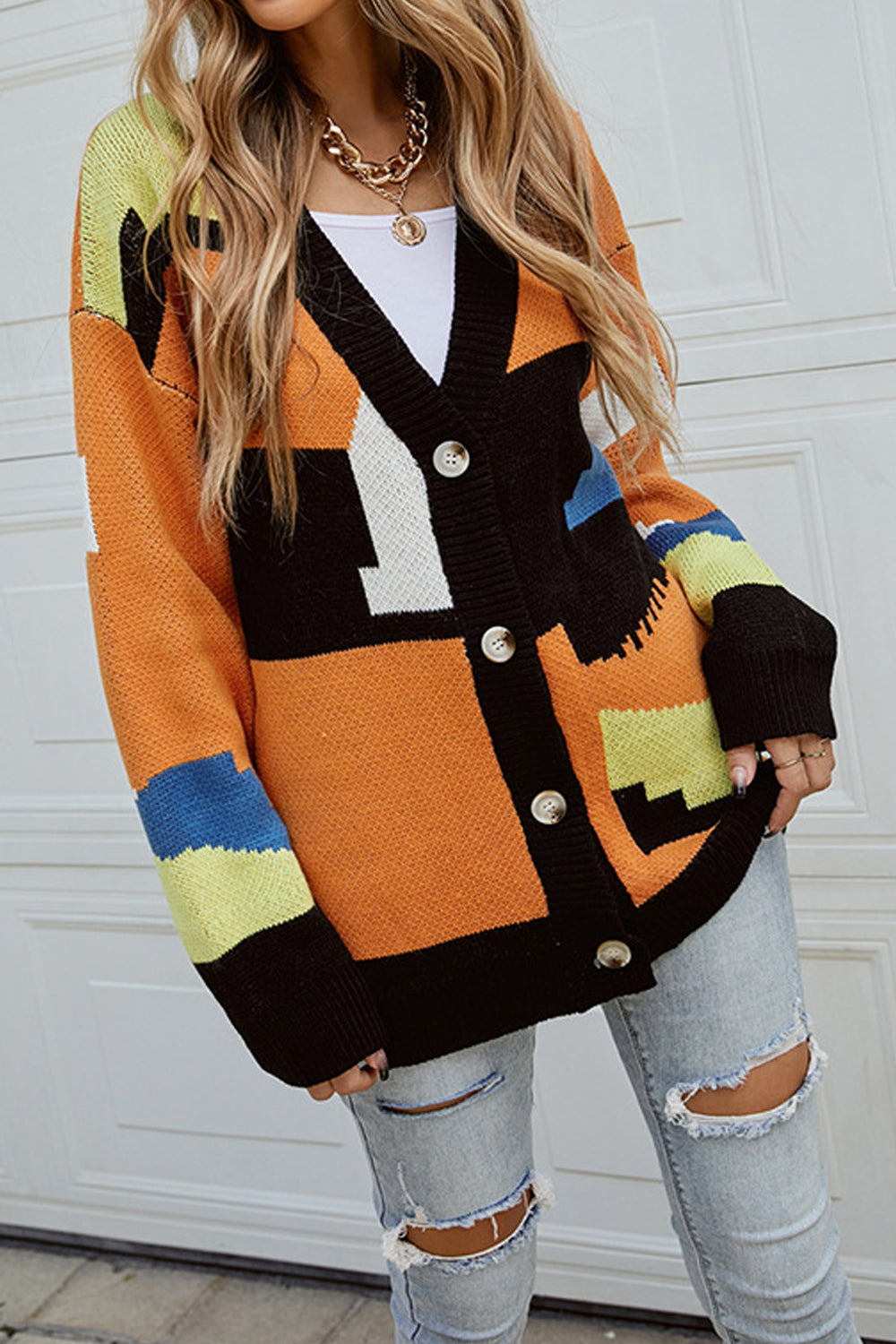 Women Loose & Warm Long Sleeve Trendy Geometry Pattern Deep V-Neck Winter Fashion Cardigan