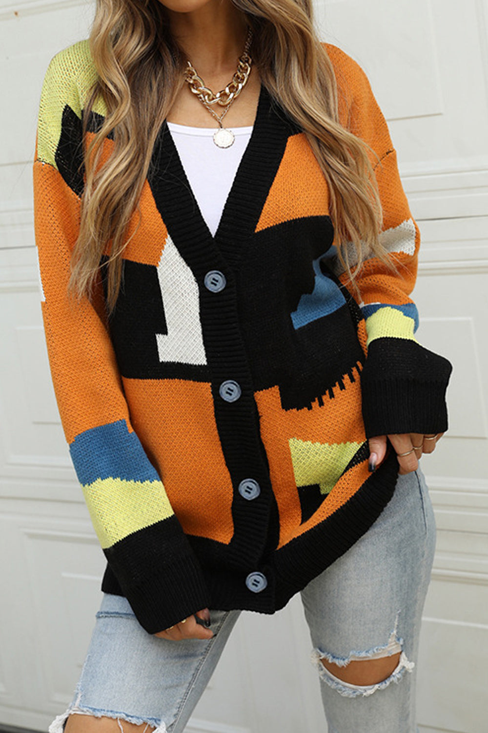 Women Loose & Warm Long Sleeve Trendy Geometry Pattern Deep V-Neck Winter Fashion Cardigan