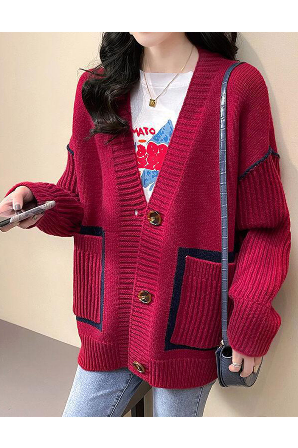 Women Restful & Warm Long Sleeve Deep V-Neck Trendy Solid Colored Flap Pockets Winter Cardigan