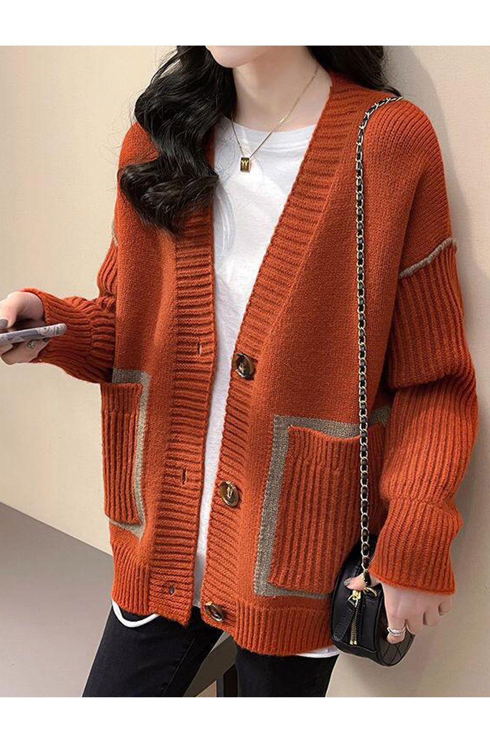 Women Restful & Warm Long Sleeve Deep V-Neck Trendy Solid Colored Flap Pockets Winter Cardigan