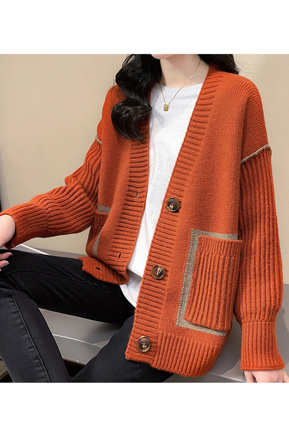 Women Restful & Warm Long Sleeve Deep V-Neck Trendy Solid Colored Flap Pockets Winter Cardigan
