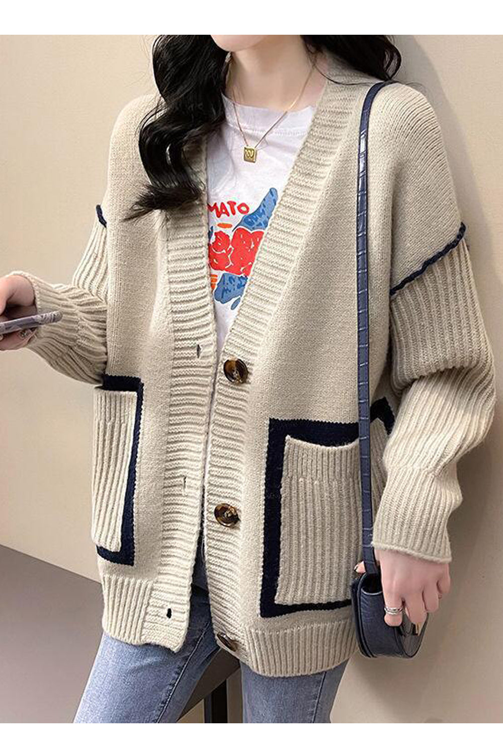 Women Restful & Warm Long Sleeve Deep V-Neck Trendy Solid Colored Flap Pockets Winter Cardigan