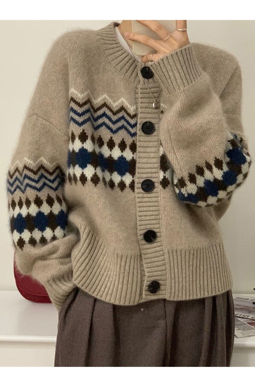 Women Restful Knitted Long Sleeve Easy Round Neck Elegent Solid Colored Casual Cardigan