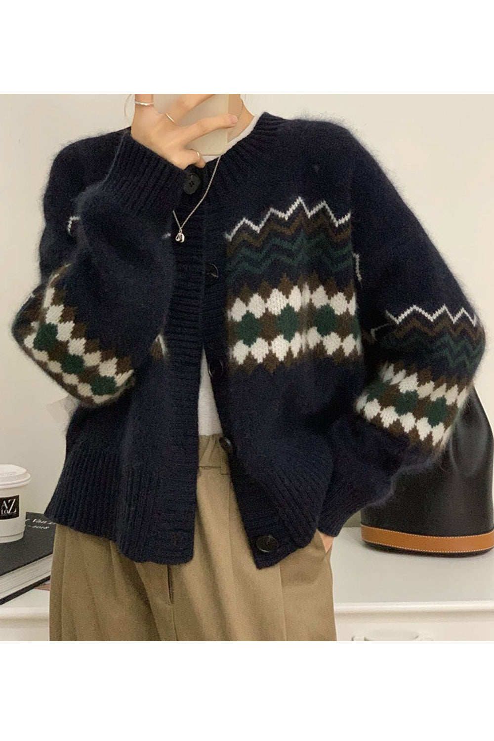 Women Restful Knitted Long Sleeve Easy Round Neck Elegent Solid Colored Casual Cardigan