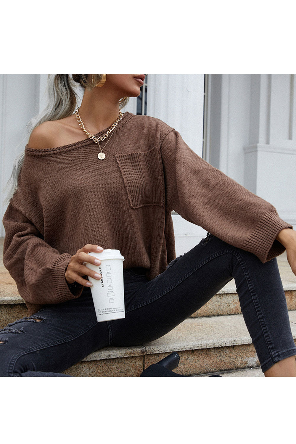 Women Trendy Solid Colored Loose Long Sleeve Winter Fashion Round Neck Pullover Casual Sweater