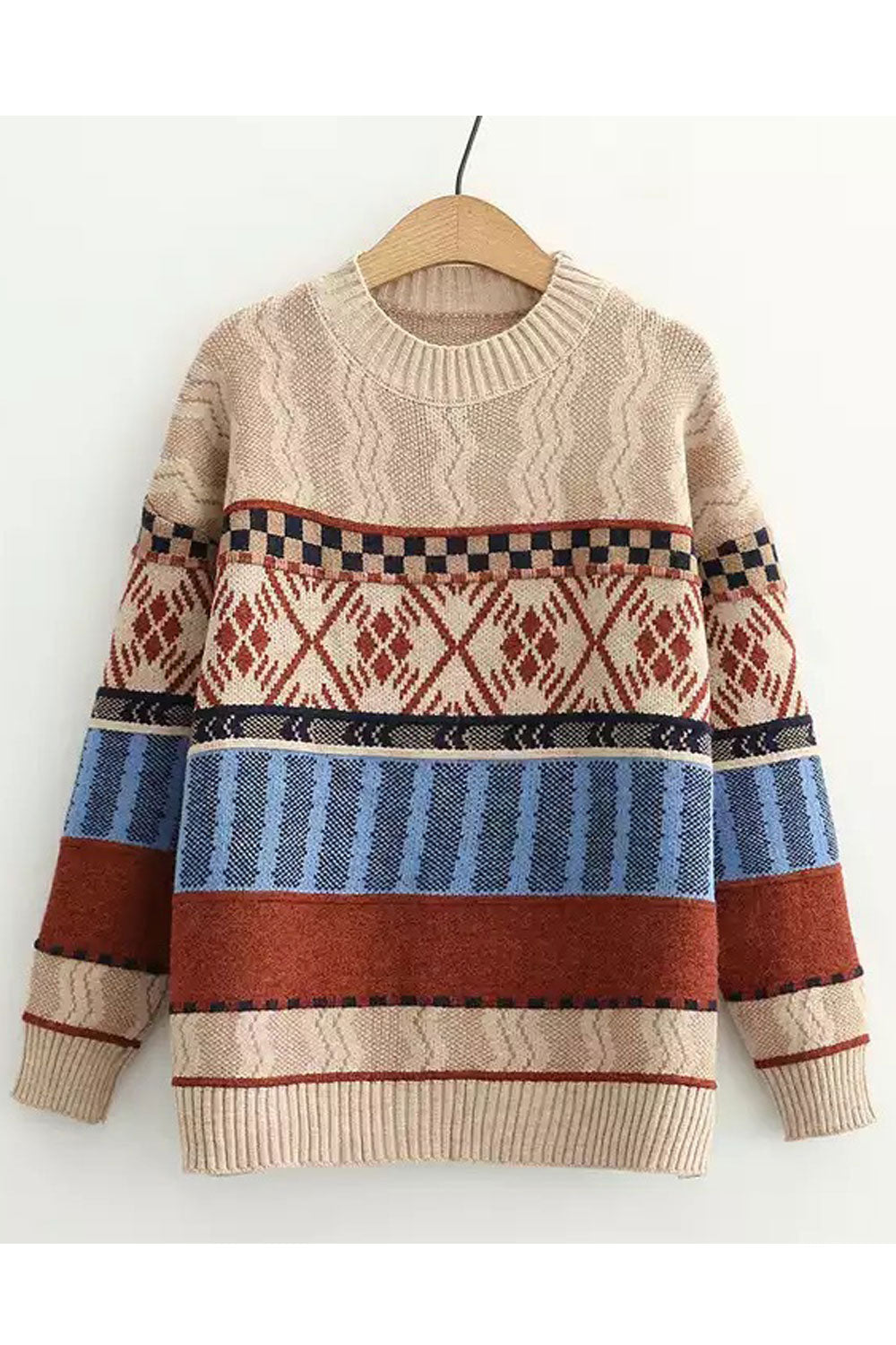Women Beautiful Striped Pattern Thick Long Sleeve Comfy Round Neck Winter Casual Sweater