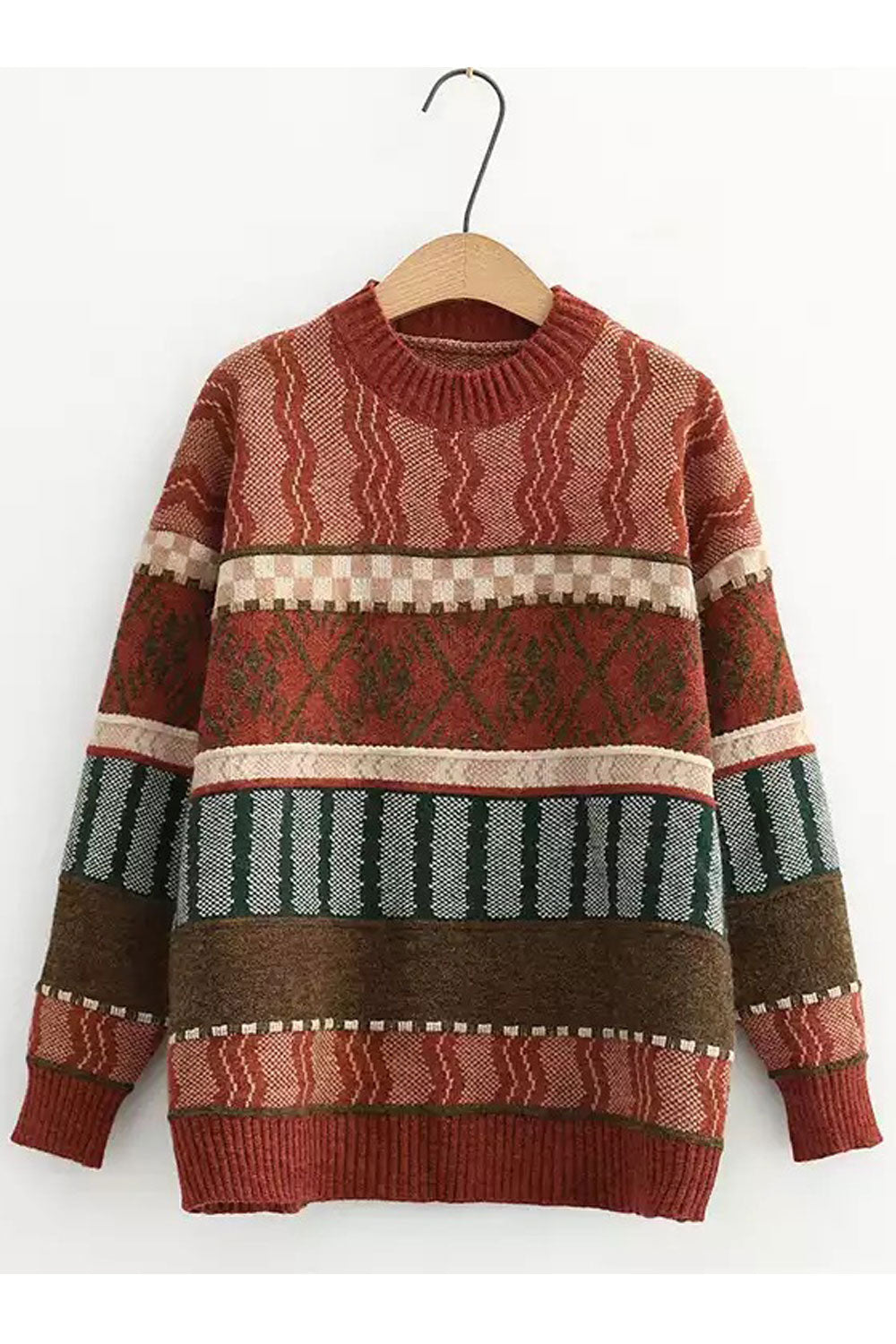 Women Beautiful Striped Pattern Thick Long Sleeve Comfy Round Neck Winter Casual Sweater