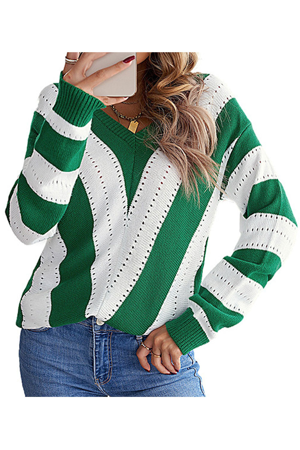 Women Beautiful Striped Pattern Warm Long Sleeve Hollow Styled Deep V-Neck Winter Sweater