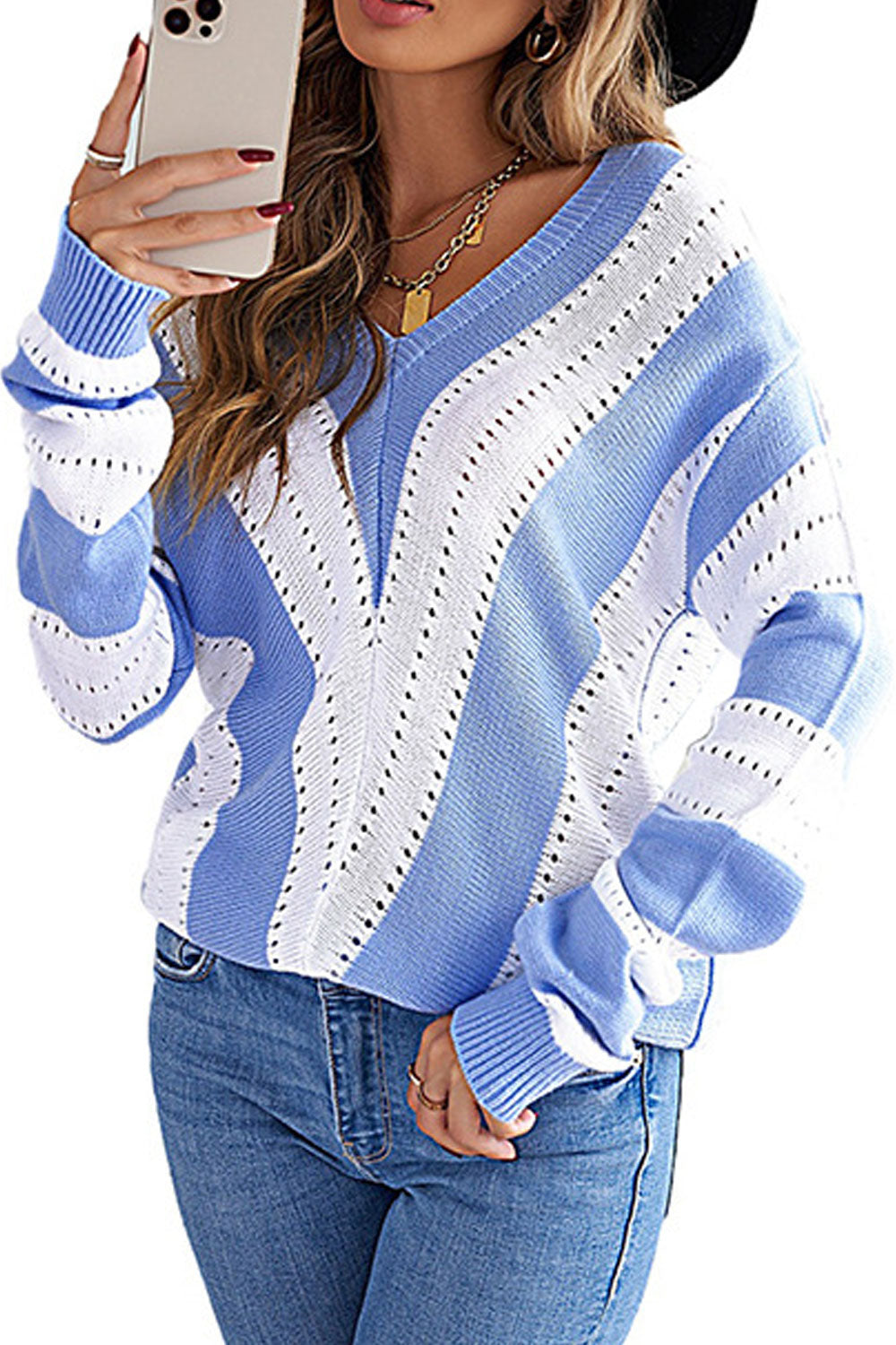 Women Beautiful Striped Pattern Warm Long Sleeve Hollow Styled Deep V-Neck Winter Sweater