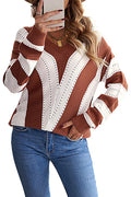 Women Beautiful Striped Pattern Warm Long Sleeve Hollow Styled Deep V-Neck Winter Sweater