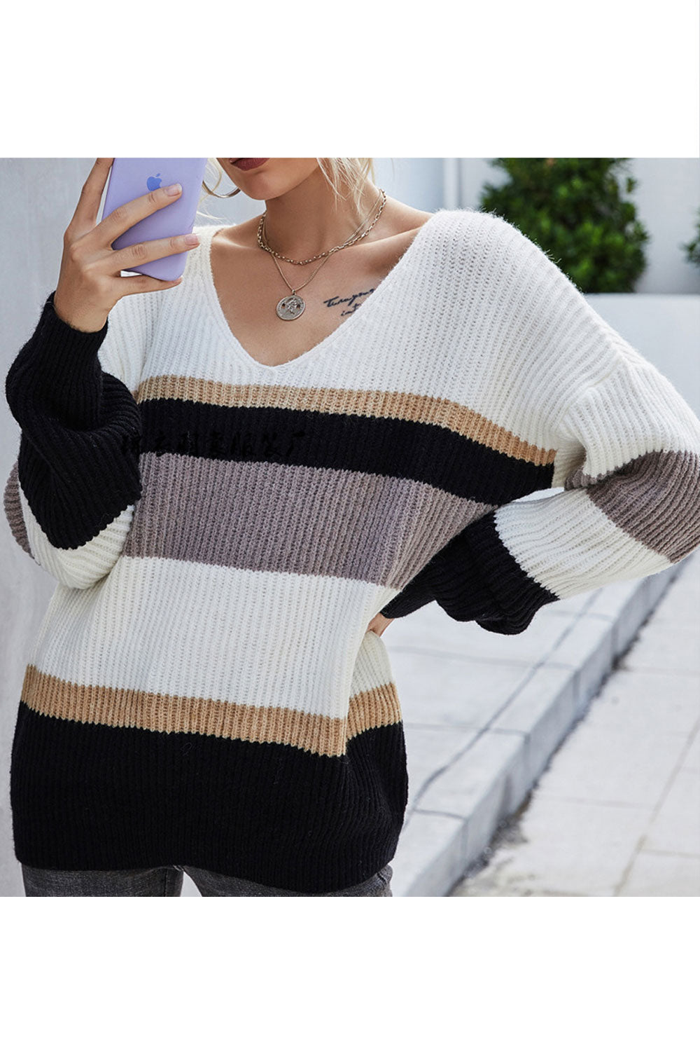 Women Warm & Stretchable Long Sleeve Classy Striped Pattern Winter Fashion V-Neck Pullover Sweater