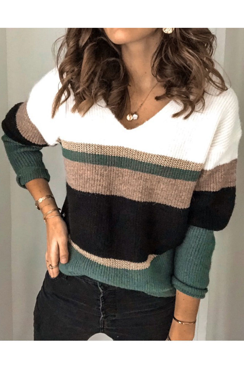 Women Warm & Stretchable Long Sleeve Classy Striped Pattern Winter Fashion V-Neck Pullover Sweater